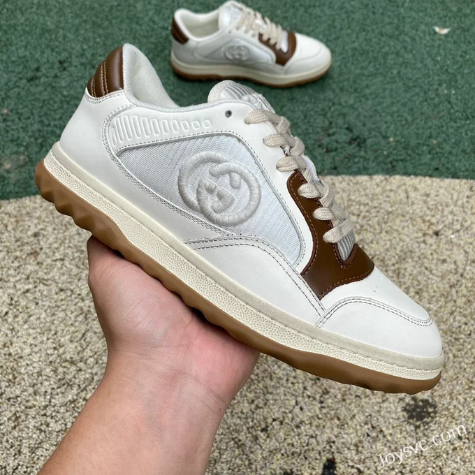 Gucci MAC80 White Brown Distressed Leather Low Top Fashion Sneakers