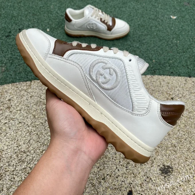 Gucci MAC80 White Brown Distressed Leather Low Top Fashion Sneakers