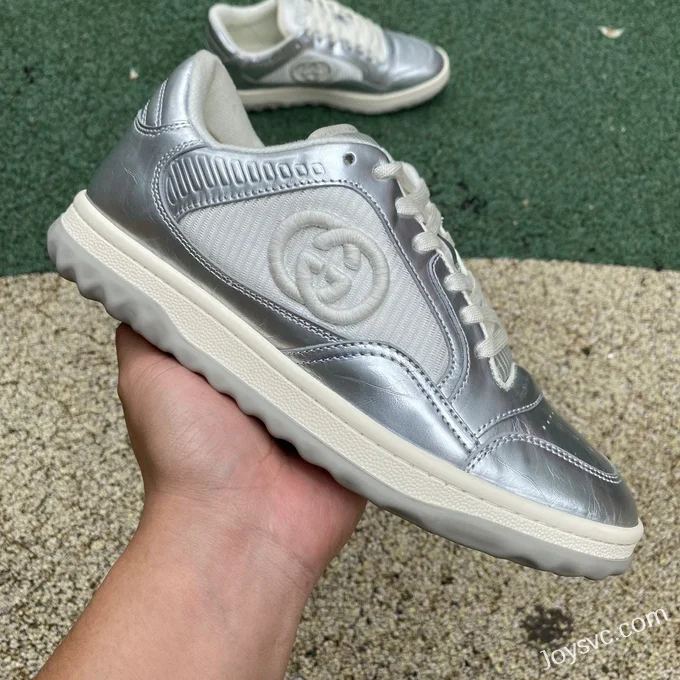 Gucci MAC80 Silver Distressed Leather Low Top Fashion Sneakers