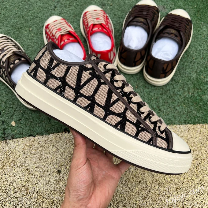 Valentino Leather Sneakers with Checkered Print in Beige & Black