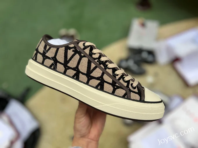 Valentino Leather Sneakers with Checkered Print in Beige & Black