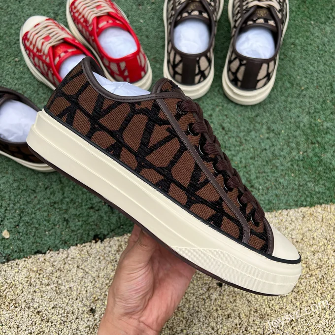 Valentino Leather Sneakers with Checkered Print in Brown & Black