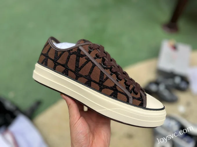 Valentino Leather Sneakers with Checkered Print in Brown & Black