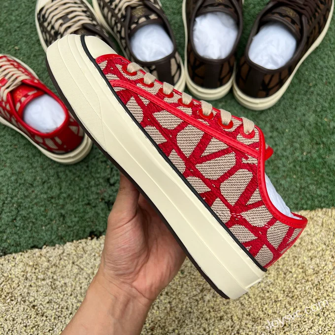 Valentino Leather Sneakers with Checkered Print in Red