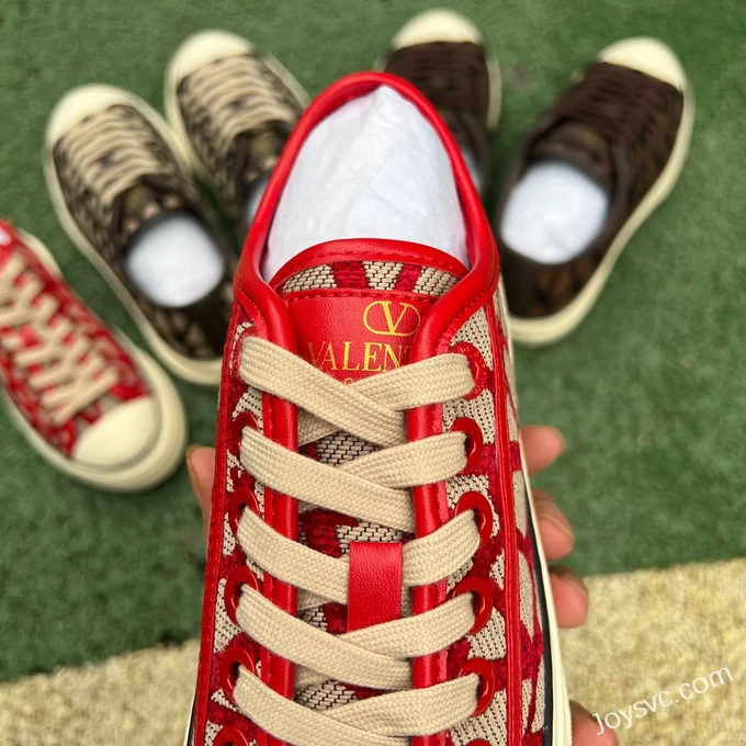 Valentino Leather Sneakers with Checkered Print in Red