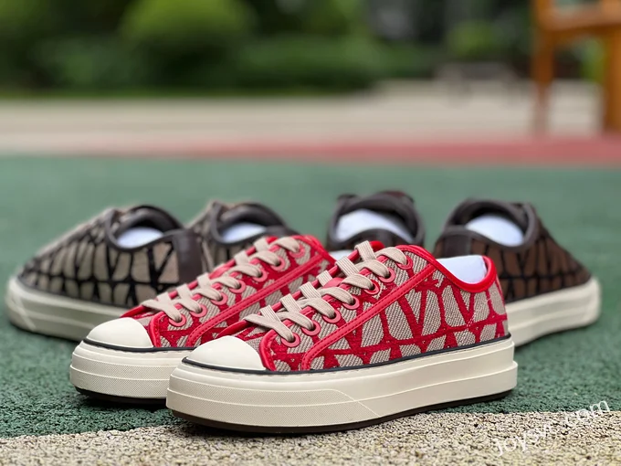 Valentino Leather Sneakers with Checkered Print in Red