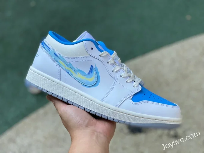 Air Jordan 1 Low FJ7219-441 White Blue Hand-Painted Hook Retro