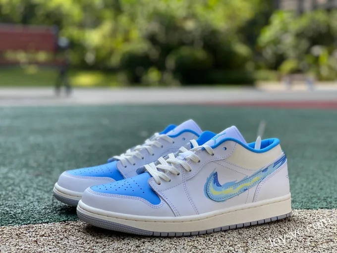 Air Jordan 1 Low FJ7219-441 White Blue Hand-Painted Hook Retro