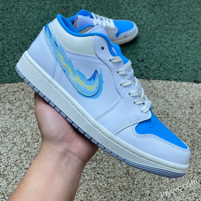 Air Jordan 1 Low FJ7219-441 White Blue Hand-Painted Hook Retro