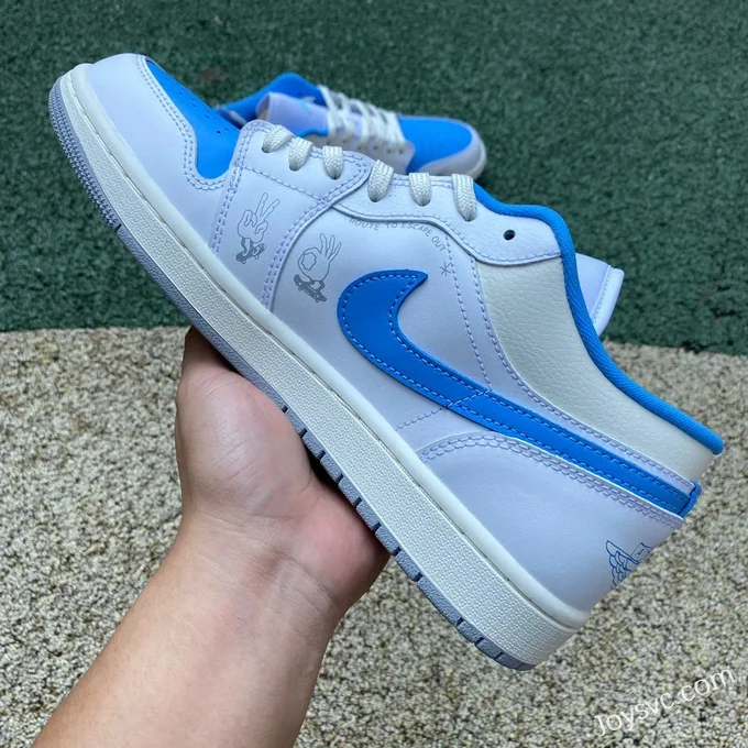 Air Jordan 1 Low FJ7219-441 White Blue Hand-Painted Hook Retro