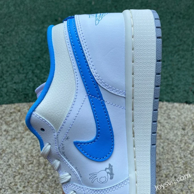 Air Jordan 1 Low FJ7219-441 White Blue Hand-Painted Hook Retro