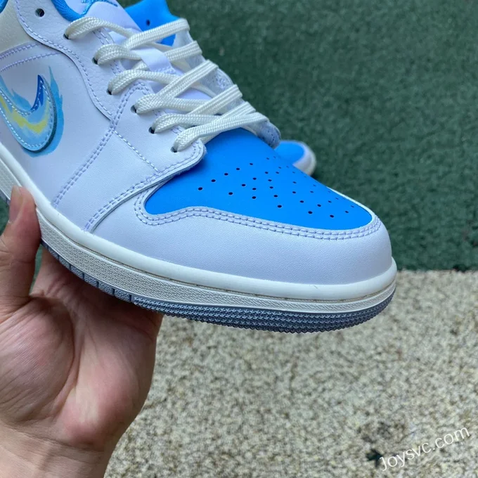 Air Jordan 1 Low FJ7219-441 White Blue Hand-Painted Hook Retro