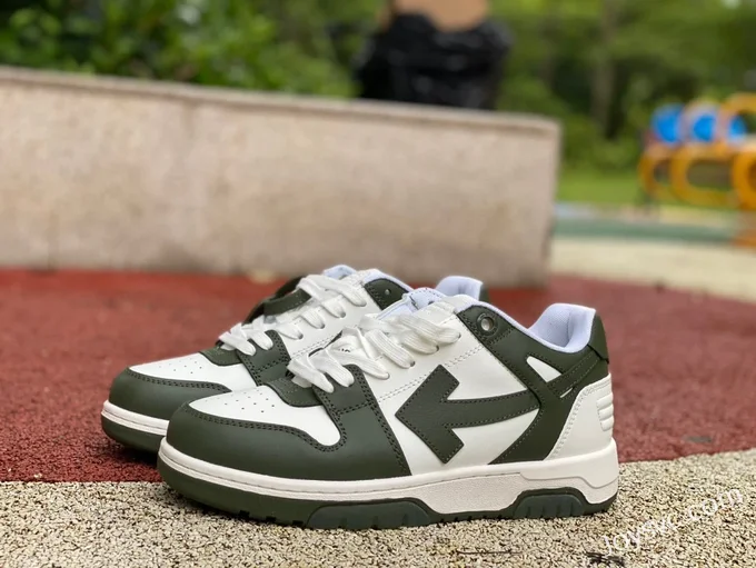 OFF-WHITE White Army Green Leather Sneakers