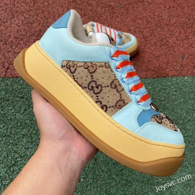 GUCCI Screener Padded Leather GG Canvas Platform Sneakers for Women in Blue & Brown