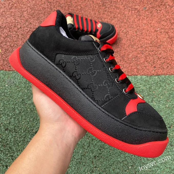 GUCCI Screener Padded Leather GG Canvas Platform Sneakers in Black & Red