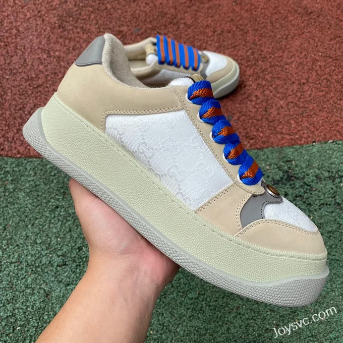 GUCCI Screener Padded Leather GG Canvas Platform Sneakers in Grey Blue & Green