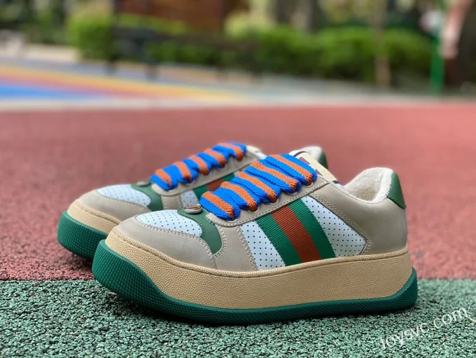 GUCCI Screener Padded Leather GG Canvas Platform Sneakers in Grey Green & Blue