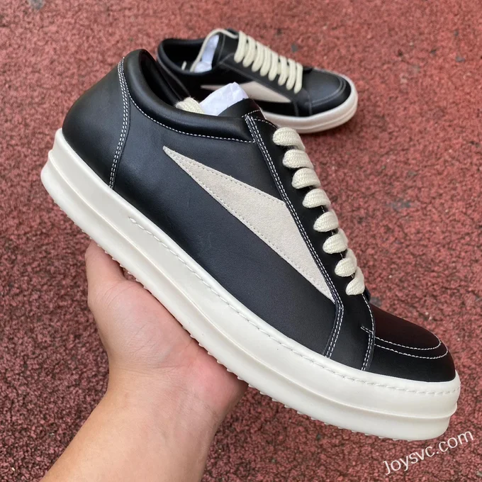 RICK OWENS Black White Edfu Leather Low Top Sneakers