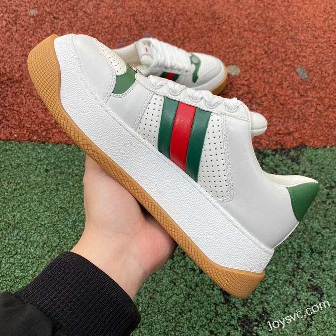 GUCCI Screener Padded Leather Cut-Out Platform Sneakers in White & Green