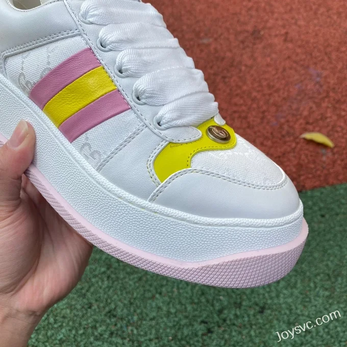 GUCCI Screener Padded Leather Cut-Out Platform Sneakers in White & Pink