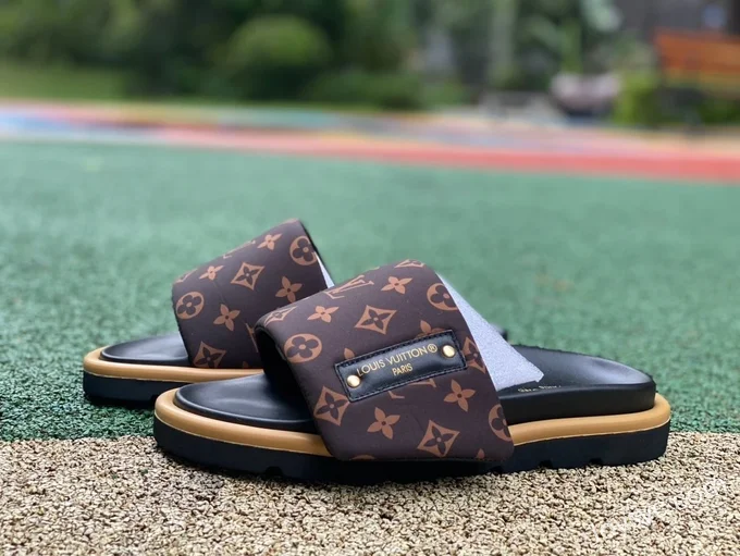 Louis Vuitton Comfort Black Brown Gum Slides