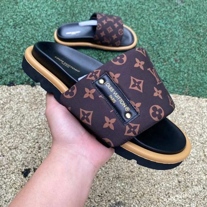 Louis Vuitton Comfort Black Brown Gum Slides