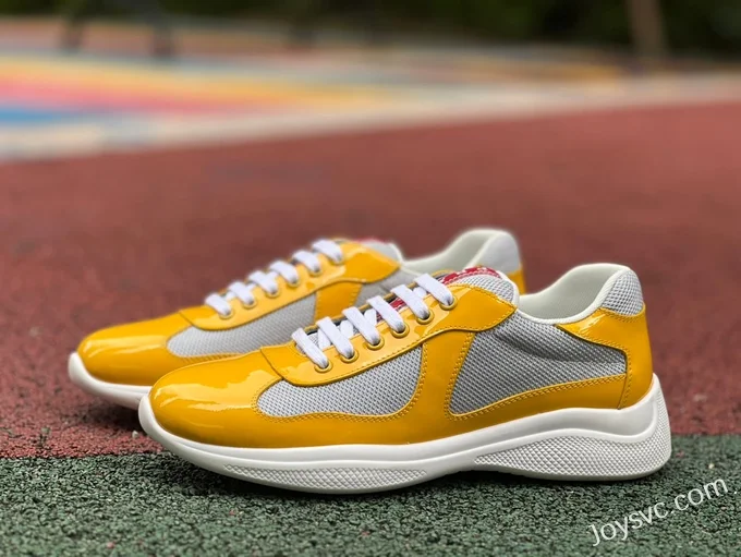 PRADA Grey Yellow Patent Leather Low Top Casual Sneakers