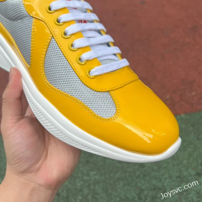 PRADA Grey Yellow Patent Leather Low Top Casual Sneakers