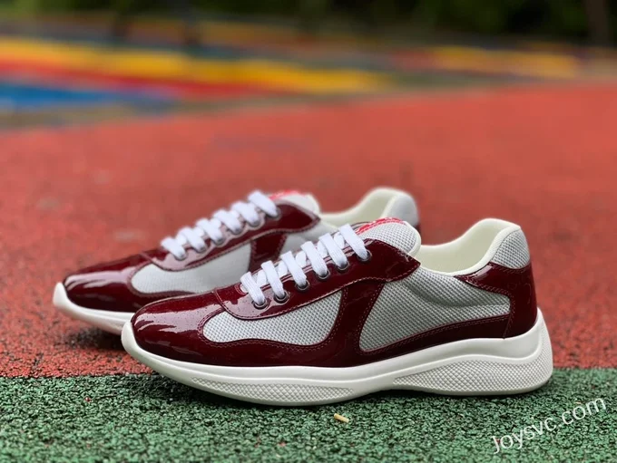 PRADA Grey Burgundy Patent Leather Low Top Casual Sneakers