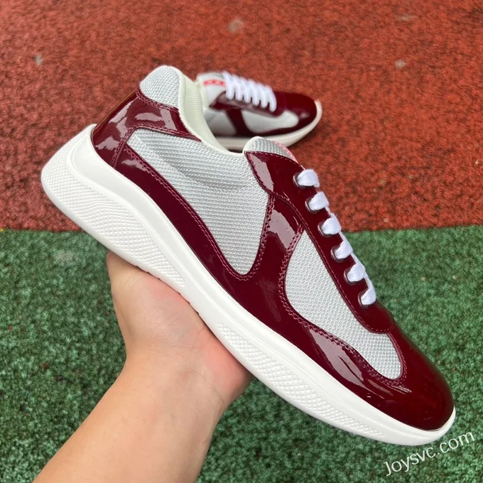 PRADA Grey Burgundy Patent Leather Low Top Casual Sneakers