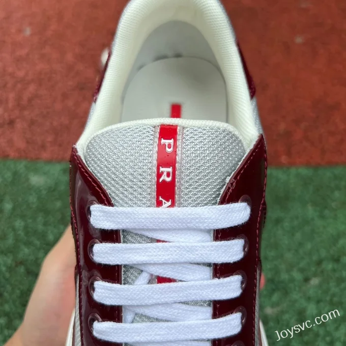 PRADA Grey Burgundy Patent Leather Low Top Casual Sneakers