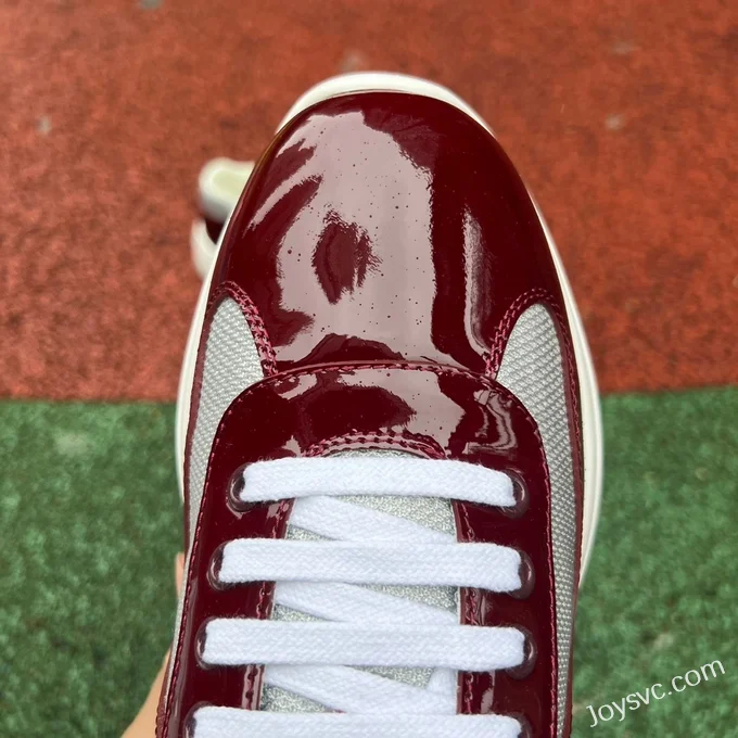 PRADA Grey Burgundy Patent Leather Low Top Casual Sneakers