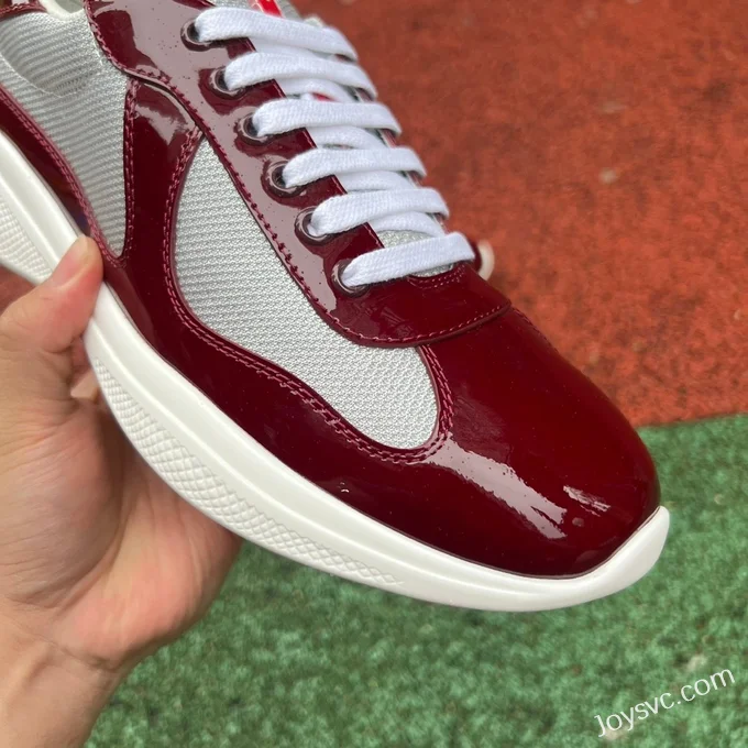 PRADA Grey Burgundy Patent Leather Low Top Casual Sneakers