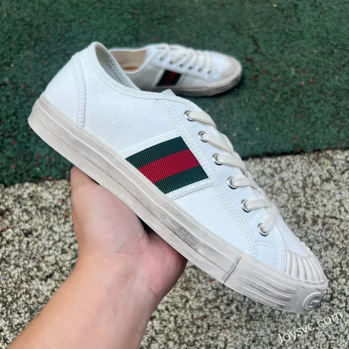 GUCCI Cotton Round-Toe Lace-Up Low-Top Sneakers in White