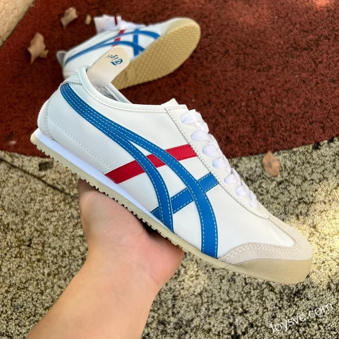 Onitsuka Tiger Mexico 66 Low-Top Sneakers in White Grey Blue & Red