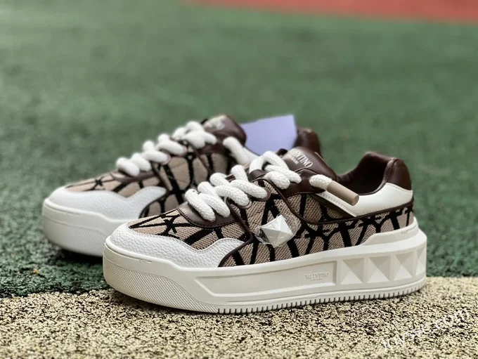 Valentino Round-Toe Lace-Up Sneakers in White & Brown