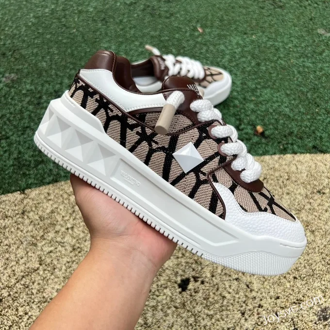 Valentino Round-Toe Lace-Up Sneakers in White & Brown