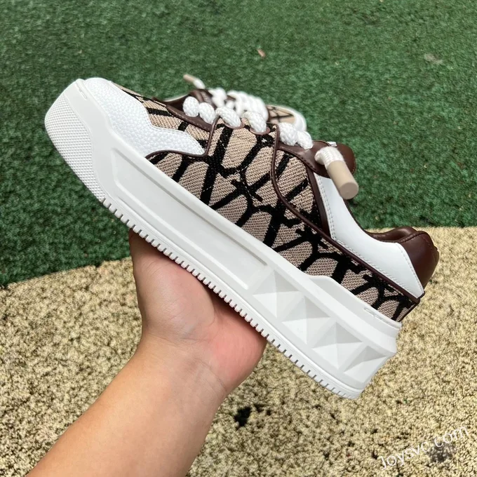 Valentino Round-Toe Lace-Up Sneakers in White & Brown