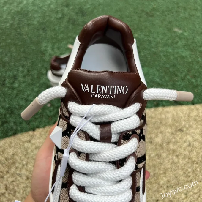 Valentino Round-Toe Lace-Up Sneakers in White & Brown