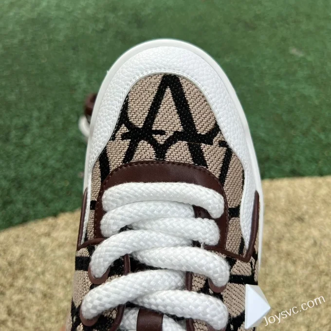 Valentino Round-Toe Lace-Up Sneakers in White & Brown