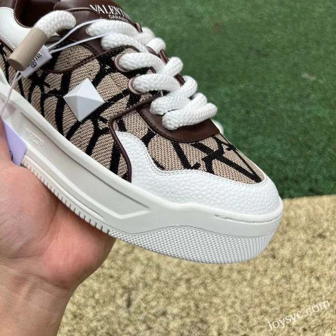 Valentino Round-Toe Lace-Up Sneakers in White & Brown