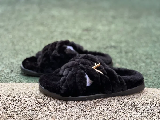 Louis Vuitton Bliss Wool Leather Slides Black Gold