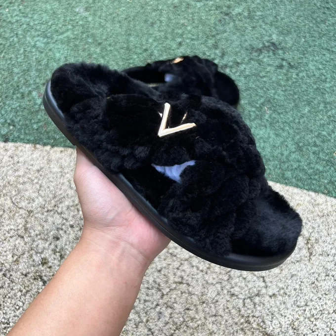 Louis Vuitton Bliss Wool Leather Slides Black Gold