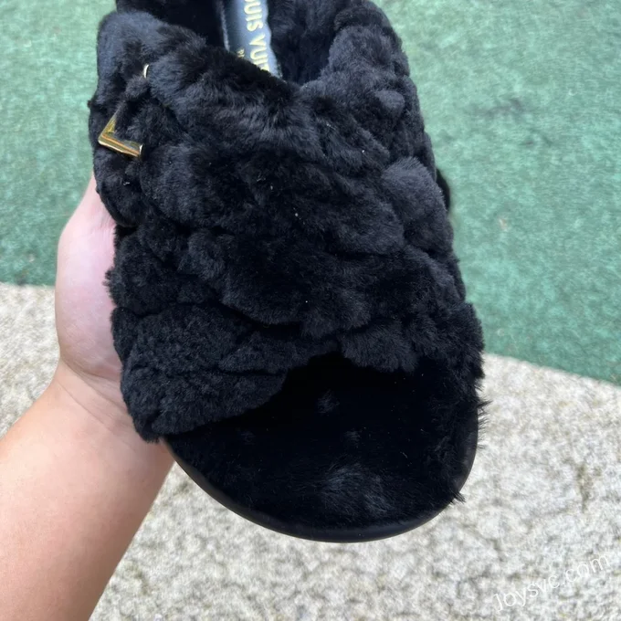 Louis Vuitton Bliss Wool Leather Slides Black Gold