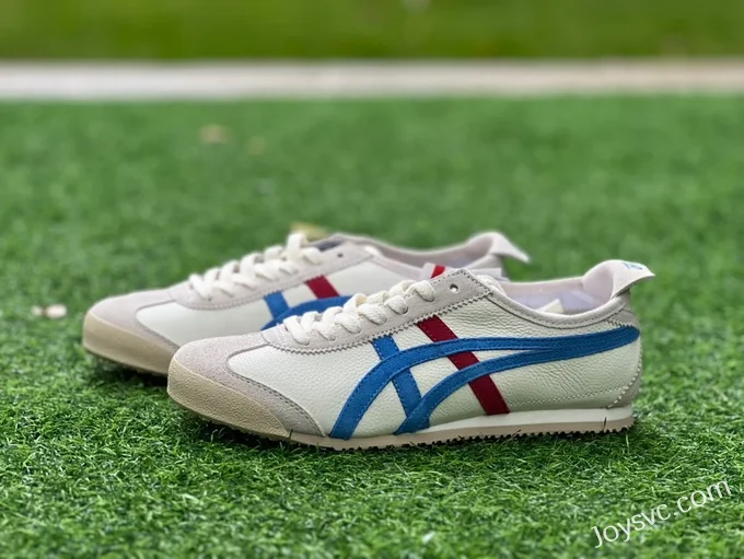 Onitsuka Tiger Mexico 66 Leather Sneakers in White Grey Blue & Red