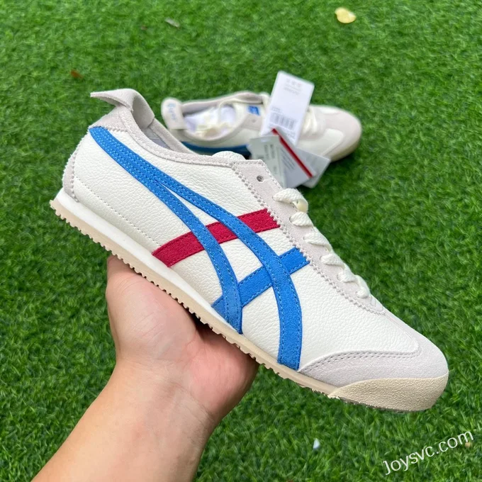 Onitsuka Tiger Mexico 66 Leather Sneakers in White Grey Blue & Red