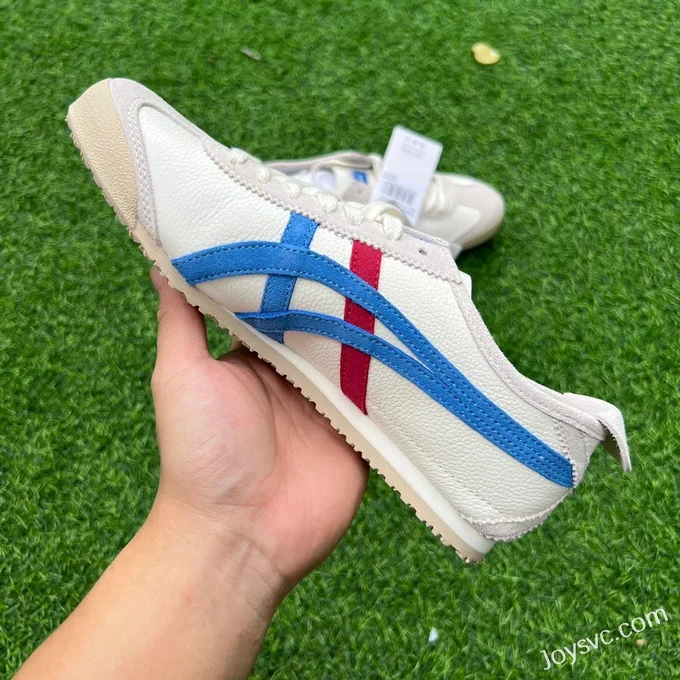 Onitsuka Tiger Mexico 66 Leather Sneakers in White Grey Blue & Red