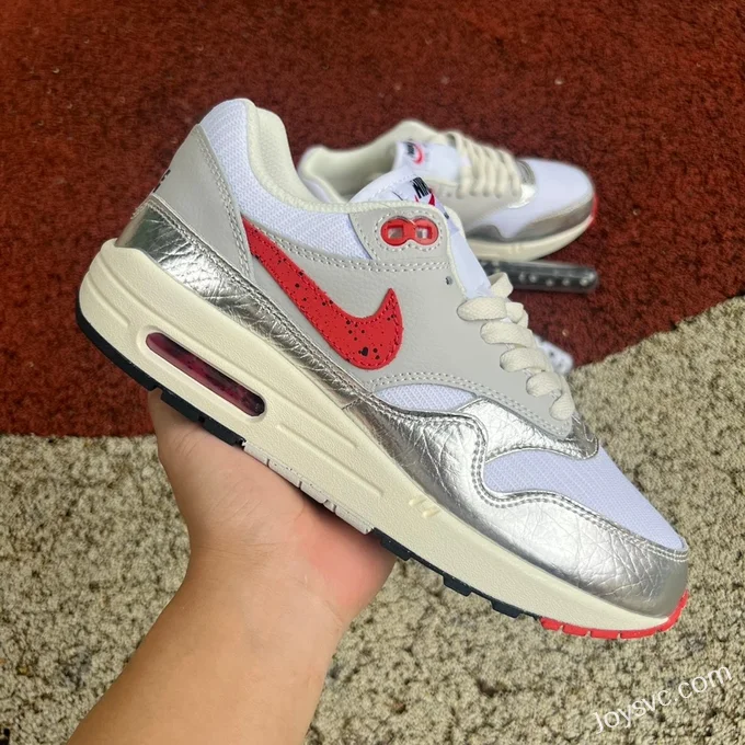 Nike Air Max 1 Premium White Silver Red Running Shoes HF7746-100