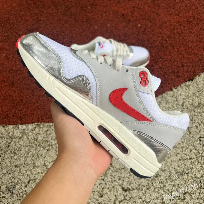 Nike Air Max 1 Premium White Silver Red Running Shoes HF7746-100